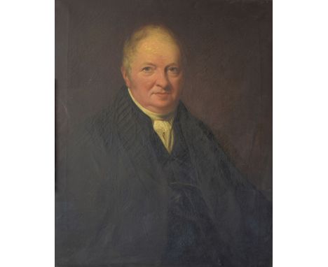 19th Century English School - Oil on canvas - Half-length portrait of a gentleman, verso with 'B. Bedfords Artist Repository,