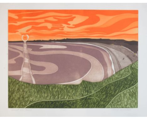 John Brunsdon ARCA (1933-2014) - Limited edition coloured etching - 'Sunset over Chesil Beach', No.67/100, signed to the marg