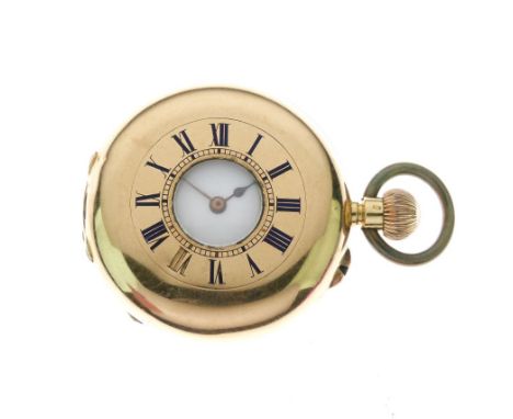 Small late 19th/early 20th Century yellow metal Half Hunter pocket or fob watch, with white Roman dial, unmarked top-wound mo