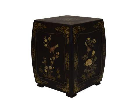 Early 20th Century Japanese black lacquer and shibayama 'barrel' garden seat or stand, of bulging square form with gilt decor