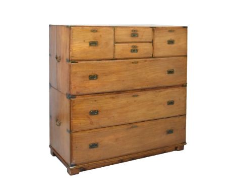 19th Century camphor wood Campaign chest of drawers, in two sections, the upper with brass-bound corners over two short centr