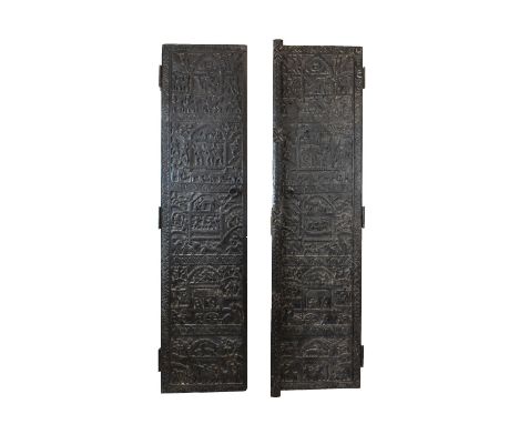 Ethnographica - Pair of carved hardwood doors, possibly from a Granary or similar, attributed to Rajasthan, India, each relie