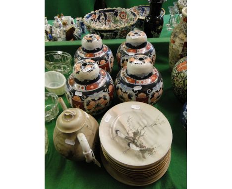 A set of 4 Oriental lamp bases, Japanese teapot and plates.