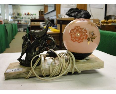 Continental Art Deco lamp surmounted by spelter birds on marble base
