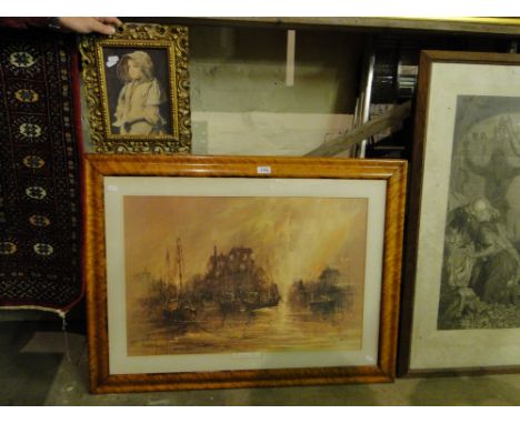 Birds eye maple framed print & a gilt framed print
