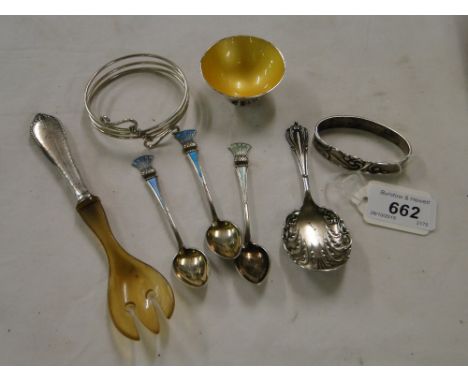Enamel salt, silver bangle, Norwegian silver & enamel spoons etc