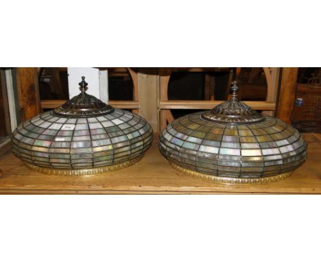 Pair of gilt brass ceiling light bowls with leaded lustre glass panels