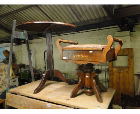 Inlaid revolving mahogany piano stool & a 19th century mahogany tripod table