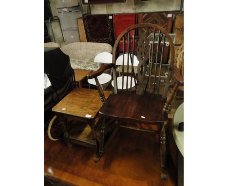 Small oak stool & an oak wheelback rocking chair