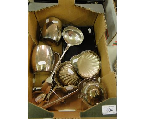 Silver plated ladle, cased cutlery, tankards, shell butter dishes etc