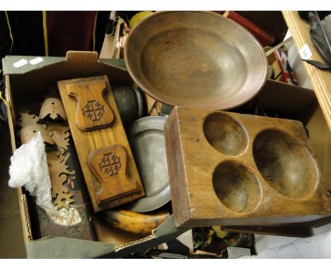 A Treen bowl, sectioned coin box, olive wood book shelf, pewter plate, mug etc