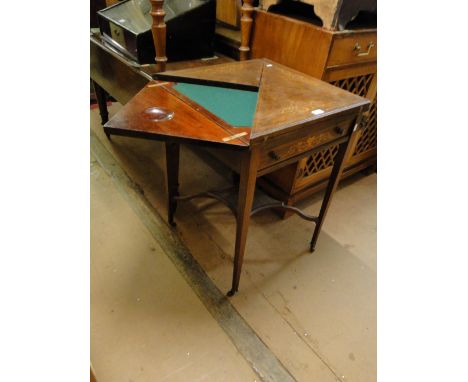 An Edwardian mahogany and satinwood inlaid envelope card table, with frieze drawer, square tapered legs with raised under tie