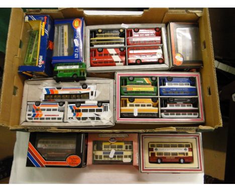 A box of die-cast model buses including Gilbow and Corgi.