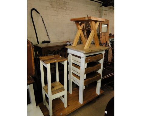 Painted & polished oak 2 tier stand, 3 drawer stand, a coffee table & a stool