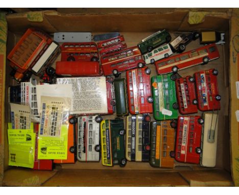 Box of  Corgi buses, etc