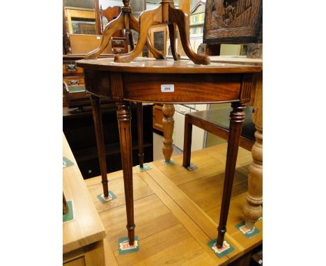 A reproduction mahogany demi lune hall table, and 2 tripod tables.