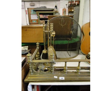 Antique brass fender, companion set, fireguard, etc