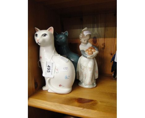 2 Poole Pottery cats and a Lladro figure, (3).