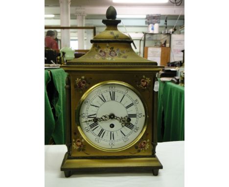 A mantel clock with 3-train movement in painted case decorated with roses.
