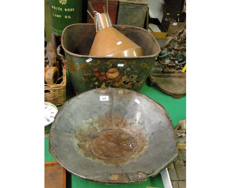 19th century 2-handled painted bin, a copper lamp shade and a bowl, (3).
