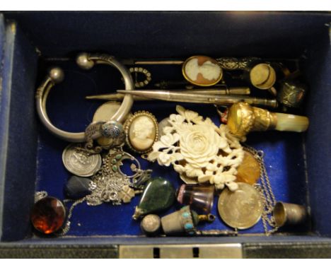 Silver bangle, cameo brooch, silver handled manicure items & pens etc