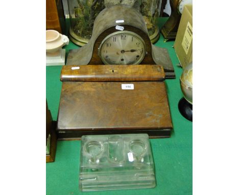 Oak cased 3 train mantel clock, & a Victorian writing slope with fold down front, & a glass deskstand (3)