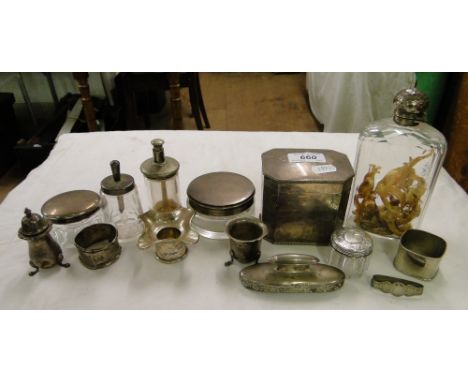 Silver sconce, napkin ring, nail buffer, silver topped jars, plated caddy, etc 3 ozs weighable silver