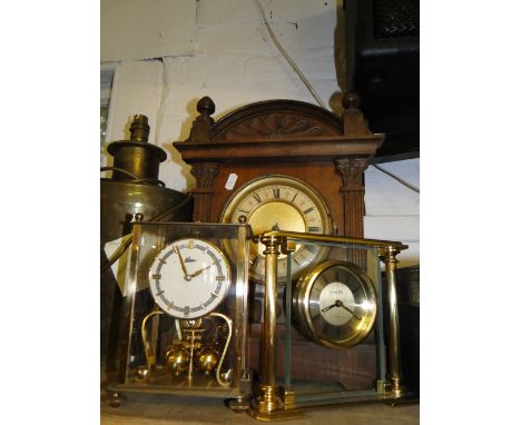 2-train mantel clock in carved wood case, a 400 day clock & a brass framed quartz clock (3)