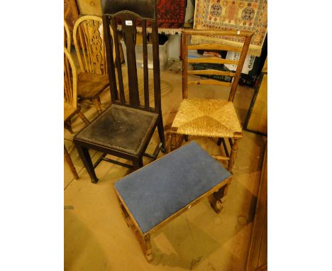 Arts & Crafts chair, Carolean style stool & an 18th century side chair with rush seat