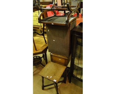 Small oak stool with cross stretcher, Lloyd Loom bin, sewing basket etc (4)