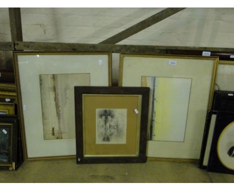 R Randall,detailed pencil drawing, Oxted Church, Surrey, signed and dated 1885, 6.5" x 8", framed, & a pair of watercolours, 