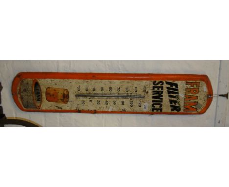 An early enamel Fram Filter Service advertising sign with thermometer
