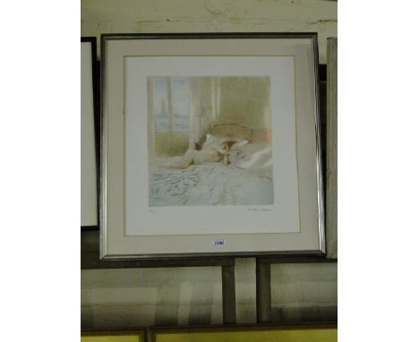 Bernard Dunstan,colour lithograph, nude on a bed, signed in pencil no. 133/195, i 14" x 13", framed.