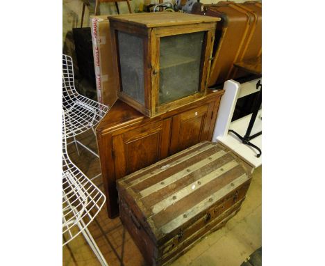 Pine meat safe, corner cupboard & a dome top trunk