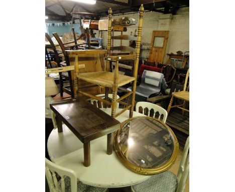 A Stained beech ladderback elbow chair, oak stool & a oval giltwood mirror