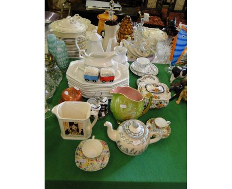 A Carltonware lustre jug, teapot, Johnson's dinnerware, etc.