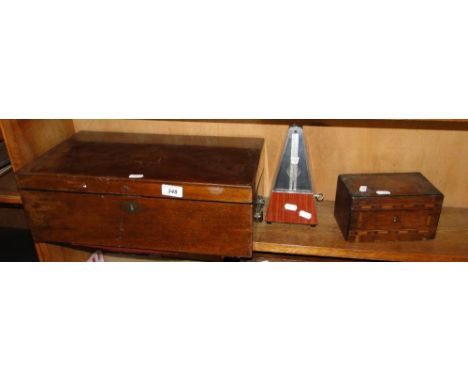 A Metronome, writing slope & an inlaid tea caddy