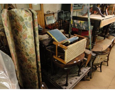 4-fold screen, Indian hardwood coffee table, walnut table, bookshelves, stools easel, fireguard, 2 chairs etc