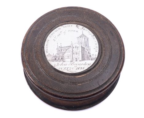 A turned wood and white metal mounted snuff box, 18th century; with plaque to the cover inscribed Hexham Church- John Brinsdo