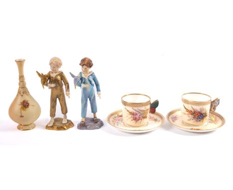 A group of Royal Worcester porcelain, comprising two Freda Doughty figures, The Parakeet [one damaged], a pair of butterfly h