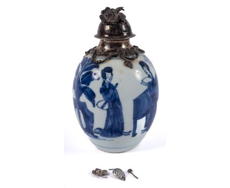 A Chinese blue and white silver-mounted tea caddy and cover the ovoid body painted with four elegant ladies in a fenced garde