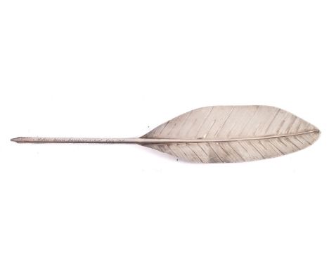 A George III silver presentation quill pen, inscribed 'Misses Atkins Boarding School, Mile End, Xmas 1810, E. C. Cohiet', hal