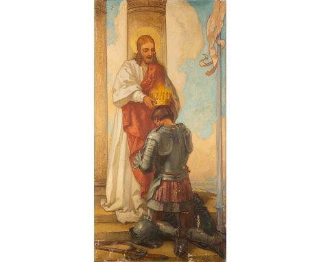 James Clark R.A. (British, 1858-1943) -Christ Crowning the Fallen -Oil on canvas, parcel gilt -154 x 77.5cm -Signed and dated