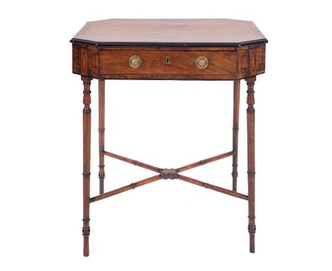 A Regency mahogany and inlaid octagonal work table, bordered with ebonised lines, the crossbanded top with an ebonised moulde