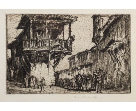 *Sir Frank Brangwyn (British, 1867-1956) - Street scene with medieval loggias - Etching - 12.5 x 18cm Signed in pencil lower 