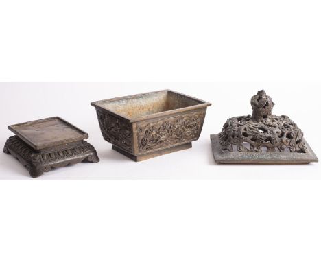 A Chinese bronze censer, cover and stand cast in relief with dragons, phoenix and mythical beasts, apocryphal six-character X