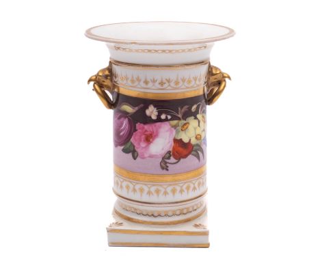 An early 19th century English porcelain spill vase with gilt eagle head ring handles, painted in the manner of William Billin