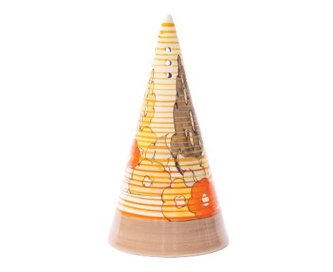 A Clarice Cliff conical sugar sifter decorated in the 'Orange Capri' pattern, printed marks, circa 1933, 14cm.