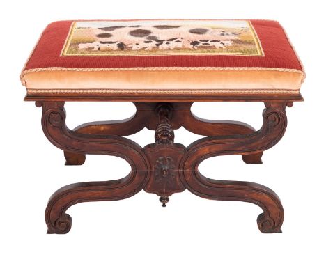 A rosewood and Berlin woolwork upholstered stool, second quarter 19th century; the later embroidery depicting a sow and pigle