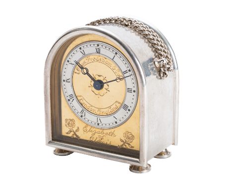 Chas. Frodsham, London, a small silver Elizabeth of Glamis boudoir clock having an eight-day duration timepiece carriage cloc